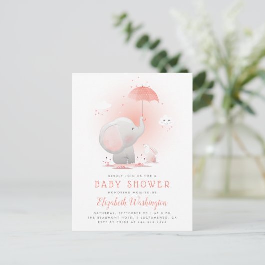Peach Umbrella Elephant & Bunny Girl Baby shower Uitnodiging Briefkaart (Staand voorkant)