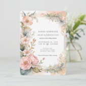 Peach Watercolor Floral Wedding Invitation  Kaart (Staand voorkant)