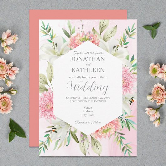 Peach Watercolor Floral Wedding Invitation Kaart