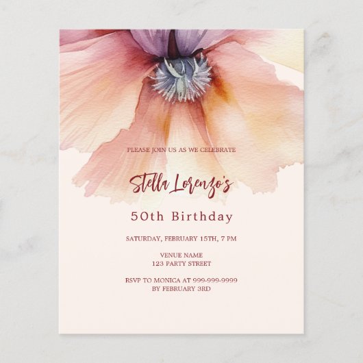 Peach watergekleurde bloemen budget verjaardag (Voorkant)