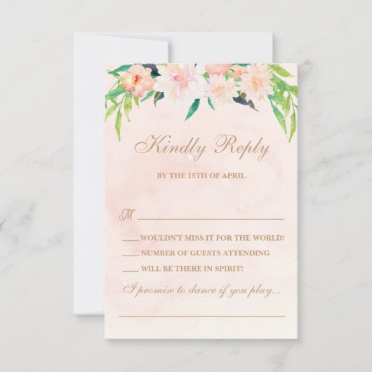 Peach Waterverf and Floral Wedding RSVP Kaartje (Voorkant)