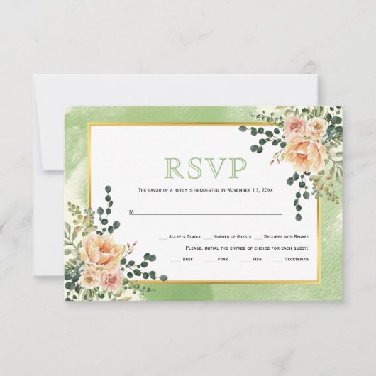 Peach waterverf bloemen sage floral bruiloft RSVP (Voorkant)