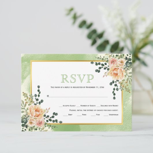 Peach waterverf bloemen sage floral bruiloft RSVP (Staand voorkant)