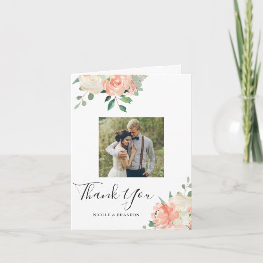 Peach Waterverf bloemenbruiloft foto dank u Bedankkaart (Voorkant)