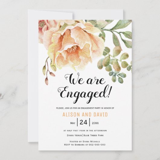 Peach waterverf bloemenbruiloft verlovingsfeest kaart