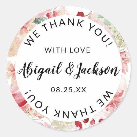 Peach Waterverf bruiloft dank u met liefde gunst Ronde Sticker (Voorkant)