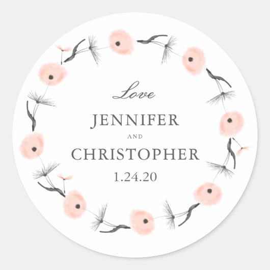 Peach Waterverf Dandelion Wedding Custom Favor Ronde Sticker (Voorkant)