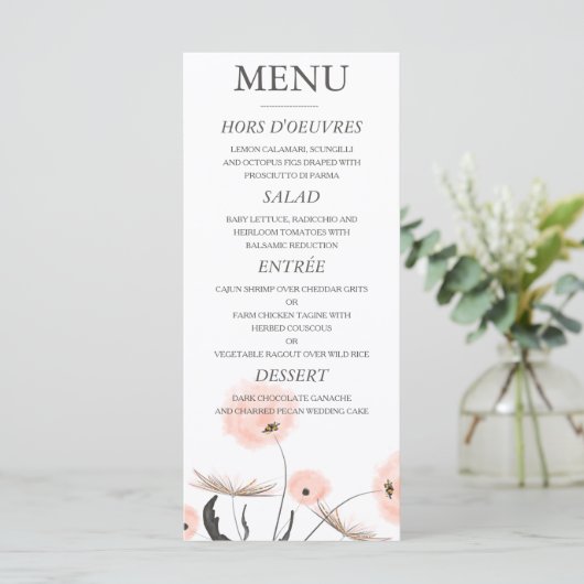 Peach Waterverf Dandelion Wedding Menu (Staand voorkant)