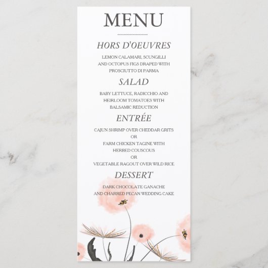 Peach Waterverf Dandelion Wedding Menu (Voorkant)