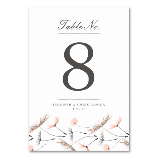 Peach Waterverf Dandelion Wedding Table Kaart (Voorkant)