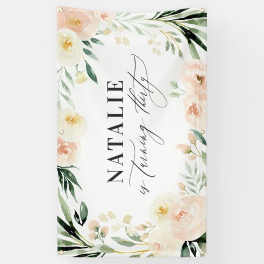 Peach waterverf floral 30th jarig party decor spandoek (Verticaal)