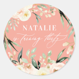 Peach waterverf floral 30th verjaardagsfeest ronde sticker