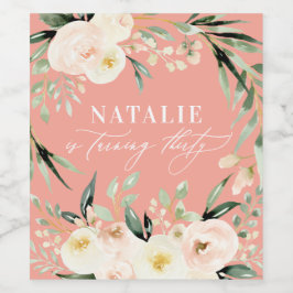 Peach waterverf floral 30th verjaardagsfeest wijn etiket