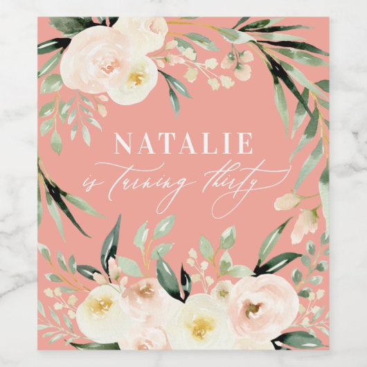 Peach waterverf floral 30th verjaardagsfeest wijn etiket (Enkel label)