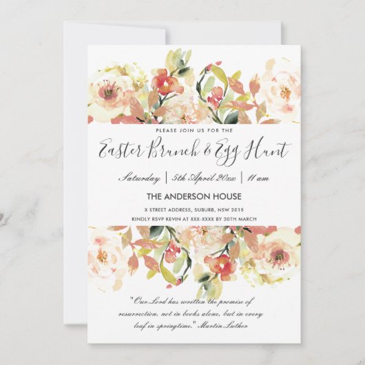 PEACH WATERVERF FLORAL EASTER BRUNCH & EGG HUNT KAART (Voorkant)