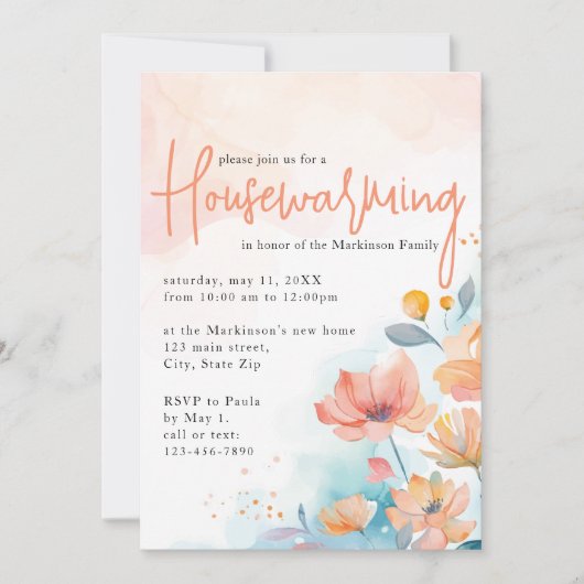 Peach Waterverf Floral Housewarming Party Kaart (Voorkant)