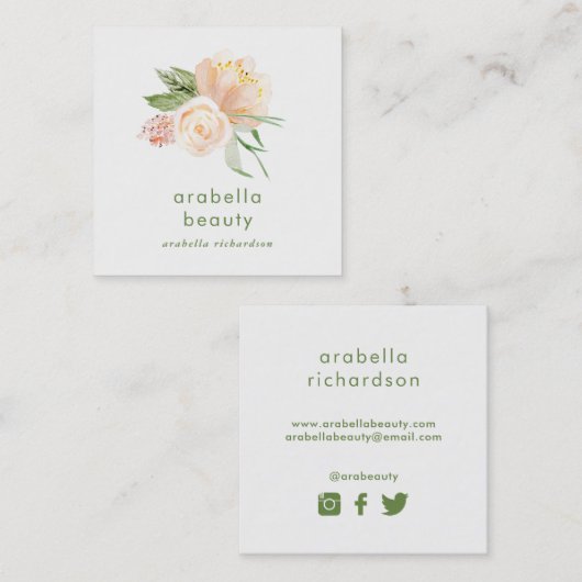Peach Waterverf Floral | Icons voor sociale media Vierkante Visitekaartje (Voorkant / Achterkant)
