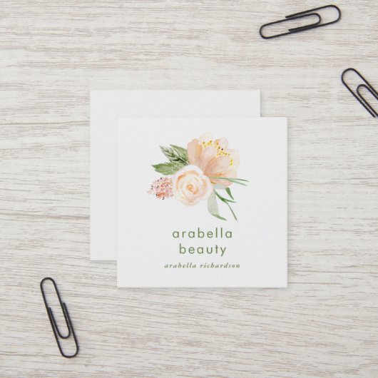 Peach Waterverf Floral | Icons voor sociale media Vierkante Visitekaartje (Voorkant / Achterkant in situ)