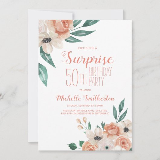 Peach Waterverf Floral Surprise 50e Verjaardag Kaart (Voorkant)