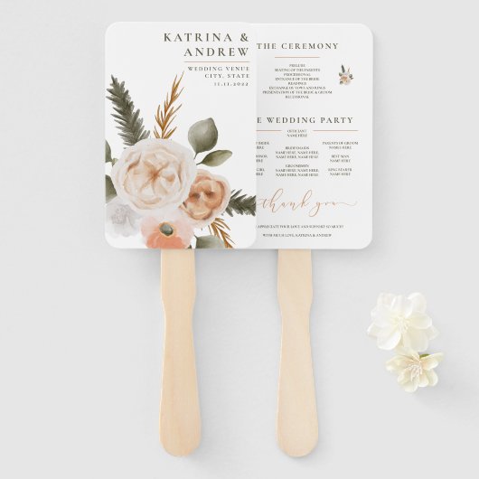 Peach Waterverf Floral Wedding Programme Fans Handwaaier (Voorkant en achterkant)