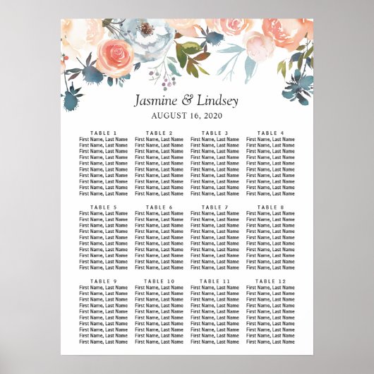 Peach Waterverf Floral Wedding Seating Chart Poster (Voorkant)