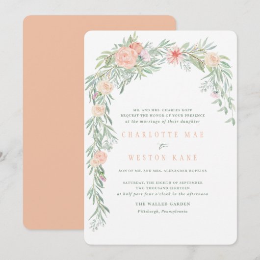 Peach Waterverf Flower Wedding Invitation Kaart (Voorkant / Achterkant)