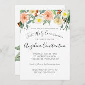 Peach Waterverf Flowers First Heilige Communie Kaart (Voorkant / Achterkant)