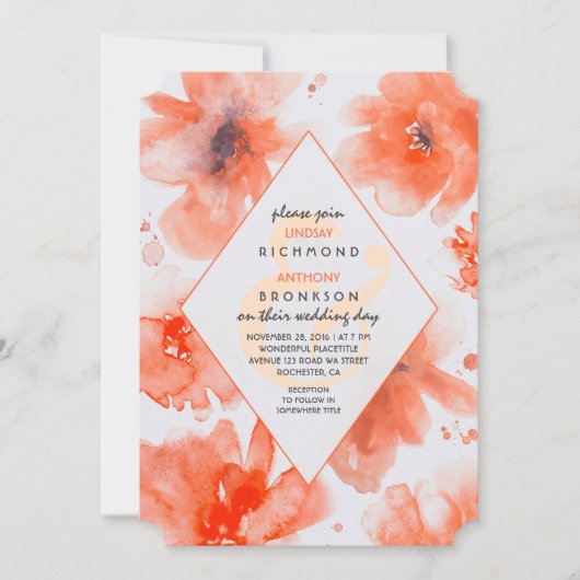 Peach Waterverf Flowers Modern Wedding Invitation Kaart (Voorkant)
