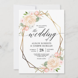 Peach waterverf goudgeometrische lijst bruiloft kaart