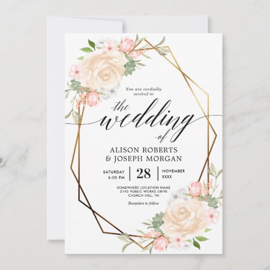 Peach waterverf goudgeometrische lijst bruiloft kaart (Voorkant)