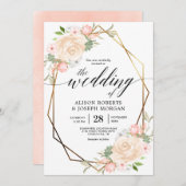 Peach waterverf goudgeometrische lijst bruiloft kaart (Voorkant / Achterkant)