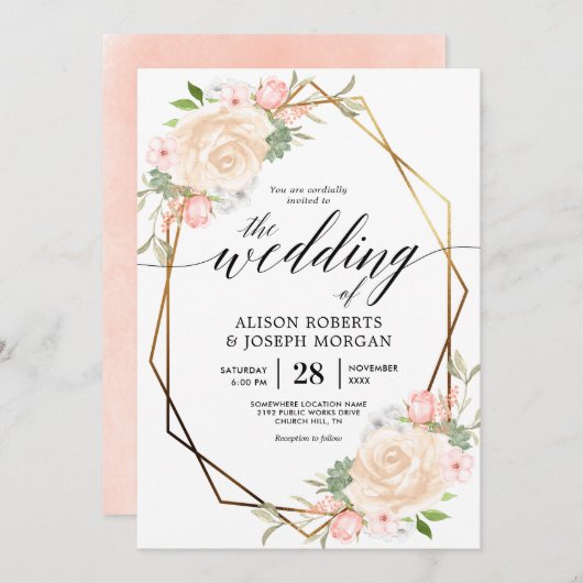 Peach waterverf goudgeometrische lijst bruiloft kaart (Voorkant / Achterkant)