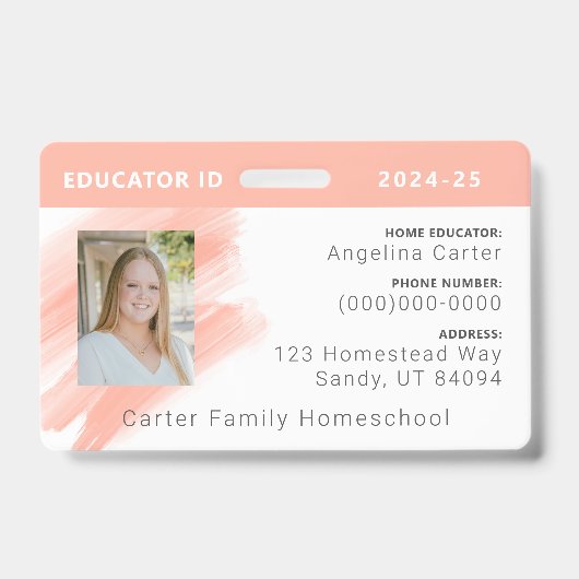 Peach Waterverf Homeschool Educator ID Badge (Voorzijde)
