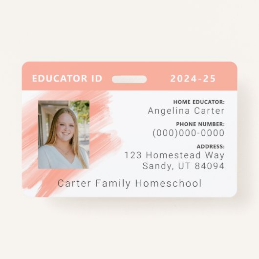 Peach Waterverf Homeschool Educator ID Badge (Voorkant)
