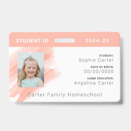 Peach Waterverf Homeschool Student ID Badge (Voorzijde)