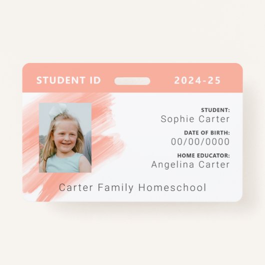 Peach Waterverf Homeschool Student ID Badge (Voorkant)
