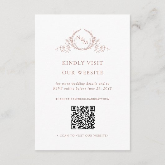 Peach Waterverf Monogram QR Code/RSVP Online Informatiekaartje (Voorkant)