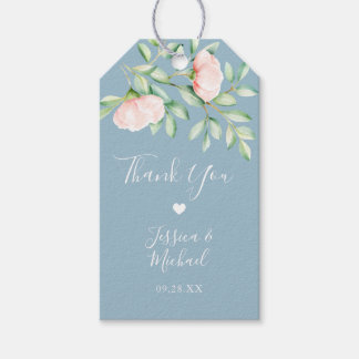 Peach Waterverf Roos Dusty Blue Weddenschap Bedank Cadeaulabel
