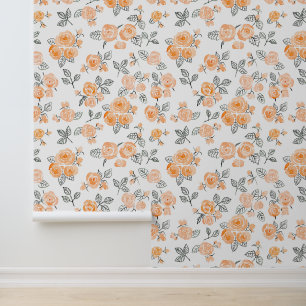 Peach waterverf rozen patroon behang