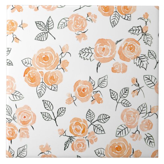 Peach waterverf rozen patroon tegeltje (Voorkant)
