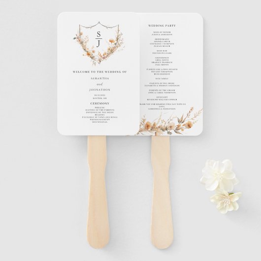 Peach Waterverf Wildflower Wedding Program Handwaaier (Voorkant en achterkant)