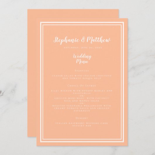 Peach Wedding Dinner Menu Gast Modern Place Card (Voorkant / Achterkant)