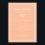 Peach Wedding Dinner Menu Gast Modern Place Card<br><div class="desc">Eenvoudig,  minimalistisch en elegant huwelijksmenu met een eigentijds design met een dubbele lijsten rand in helder wit op een eigentijdse perzikachtergrond. Traditionele bewoordingen zorgen voor tijdloze maar moderne verfijning. Personaliseer huwelijksontwerp met uw menudetails in witte belettering en script. De achterkant van de kaart komt overeen met massief perzik.</div>