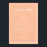 Peach Wedding Dinner Menu Gast Modern Place Card<br><div class="desc">Eenvoudig,  minimalistisch en elegant huwelijksmenu met een eigentijds design met een dubbele lijsten rand in helder wit op een eigentijdse perzikachtergrond. Traditionele bewoordingen zorgen voor tijdloze maar moderne verfijning. Personaliseer huwelijksontwerp met uw menudetails in witte belettering en script. De achterkant van de kaart komt overeen met massief perzik.</div>