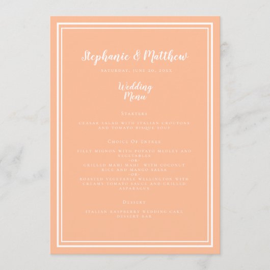 Peach Wedding Dinner Menu Gast Modern Place Card (Voorkant)