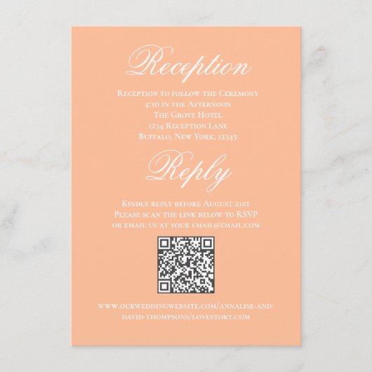 Peach Wedding Script RSVP Reception Informatiekaartje (Voorkant)