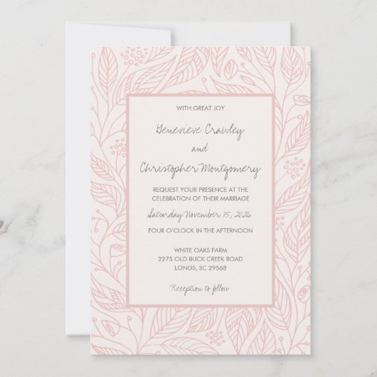 Peach Whimsy Hand getrokken gebladerte bruiloft Kaart (Voorkant)