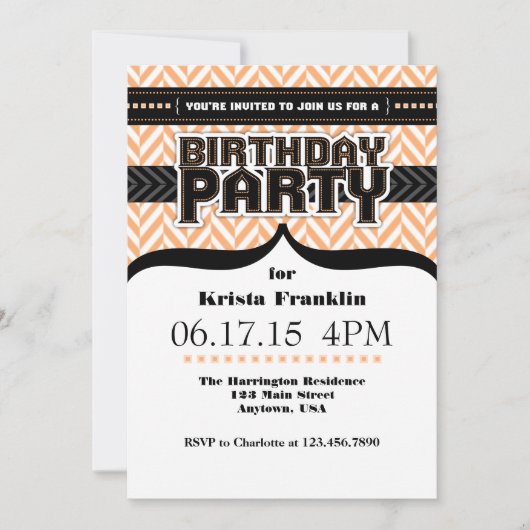 Peach White Black Herringbone Birthday Invite Kaart (Voorkant)