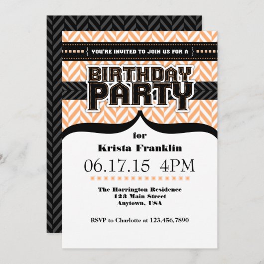 Peach White Black Herringbone Birthday Invite Kaart (Voorkant / Achterkant)