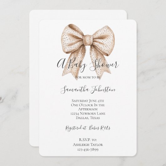 Peach White Bow Baby shower Kaart (Voorkant / Achterkant)